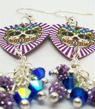 Purple White Background Sugar Skull Guitar Pick Earrings with Swarovski Crystal and Pave Bead Dangles