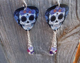 Sugar Skull with Flower Crown Guitar Pick Earrings with Swarovski Crystal Dangles