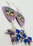 Purple White Background Sugar Skull Guitar Pick Earrings with Swarovski Crystal and Pave Bead Dangles