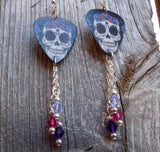 Sugar Skull with Flower Crown Guitar Pick Earrings with Swarovski Crystal Dangles