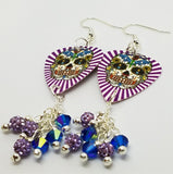 Purple White Background Sugar Skull Guitar Pick Earrings with Swarovski Crystal and Pave Bead Dangles