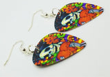 Sugar Skull Surrounded By Flowers Holding a Heart Guitar Pick Earrings