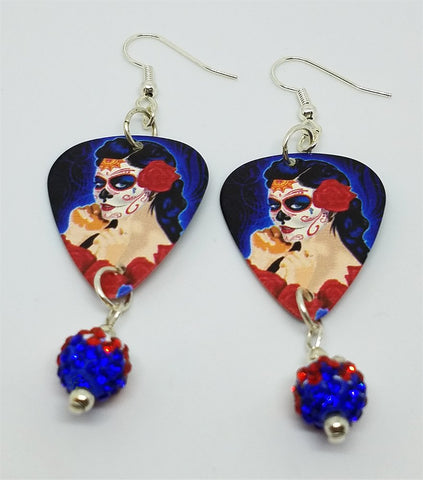 Beautiful Sugar Skull Woman with a Rose In Her Hair Guitar Pick Earrings with Pave Bead Dangles