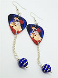 Beautiful Sugar Skull Woman with a Rose In Her Hair Guitar Pick Earrings with Blue Striped Pave Bead Dangles