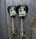 Red and Green Sugar Skull Guitar Pick Earrings with Silver Charm and Swarovski Crystal Dangles