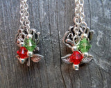 Red and Green Sugar Skull Guitar Pick Earrings with Silver Charm and Swarovski Crystal Dangles