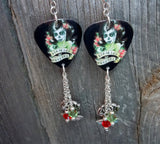 Red and Green Sugar Skull Guitar Pick Earrings with Silver Charm and Swarovski Crystal Dangles