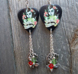 Red and Green Sugar Skull Guitar Pick Earrings with Silver Charm and Swarovski Crystal Dangles