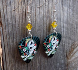 Sugar Skull with Flowered Head Piece Guitar Pick Earrings with Yellow Swarovski Crystals