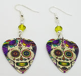 Colorful Sugar Skull Guitar Pick Earrings with Lime Green Swarovski Crystals