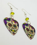 Colorful Sugar Skull Guitar Pick Earrings with Lime Green Swarovski Crystals