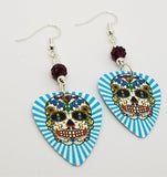 Aqua Blue and White Background Sugar Skull Guitar Pick Earrings with Red Pave Beads