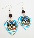 Aqua Blue and White Background Sugar Skull Guitar Pick Earrings with Red Pave Beads