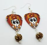 CLEARANCE Frida Sugar Skull Guitar Pick Earrings with Brown to White Pave Bead Dangles