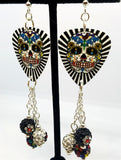 Black and White Background Sugar Skull Guitar Pick Earrings with MultiColor and Flower Pave Dangles