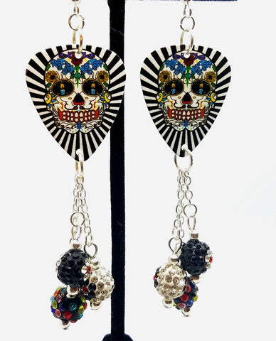 Black and White Background Sugar Skull Guitar Pick Earrings with MultiColor and Flower Pave Dangles