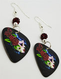 Beautiful Sugar Skull with Red Roses Guitar Pick Earrings with Red Pave Beads