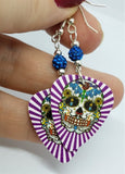 Purple White Background Sugar Skull Guitar Pick Earrings with Capri Blue Pave Beads