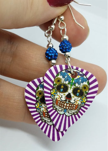 Purple White Background Sugar Skull Guitar Pick Earrings with Capri Blue Pave Beads