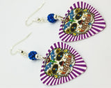 Purple White Background Sugar Skull Guitar Pick Earrings with Capri Blue Pave Beads