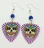 Purple White Background Sugar Skull Guitar Pick Earrings with Capri Blue Pave Beads