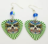 Green and White Background Sugar Skull Guitar Pick Earrings with AB Capri Blue Swarovski Crystals