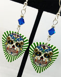 Green and White Background Sugar Skull Guitar Pick Earrings with AB Capri Blue Swarovski Crystals