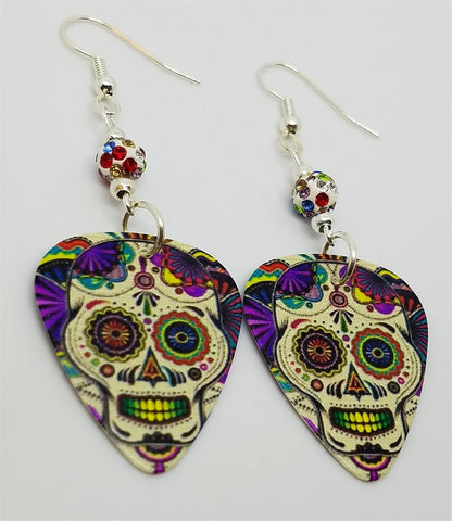 Colorful Sugar Skull Guitar Pick Earrings with MultiColor Pave Beads