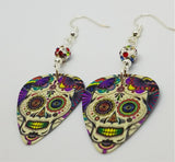 Colorful Sugar Skull Guitar Pick Earrings with MultiColor Pave Beads