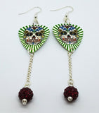 Green and White Background Sugar Skull Guitar Pick Earrings with Deep Red Pave Dangles