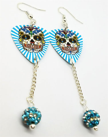 Aqua Blue and White Background Sugar Skull Guitar Pick Earrings with Striped Bead Pave Dangles