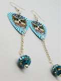 Aqua Blue and White Background Sugar Skull Guitar Pick Earrings with Striped Bead Pave Dangles