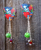 Sugar Skull Surrounded By Flowers Holding a Heart Guitar Pick Earrings with Dangles