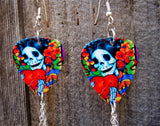 Sugar Skull Surrounded By Flowers Holding a Heart Guitar Pick Earrings with Dangles