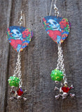 Sugar Skull Surrounded By Flowers Holding a Heart Guitar Pick Earrings with Dangles