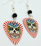 Red and White Background Sugar Skull Guitar Pick Earrings with Black Pave Beads