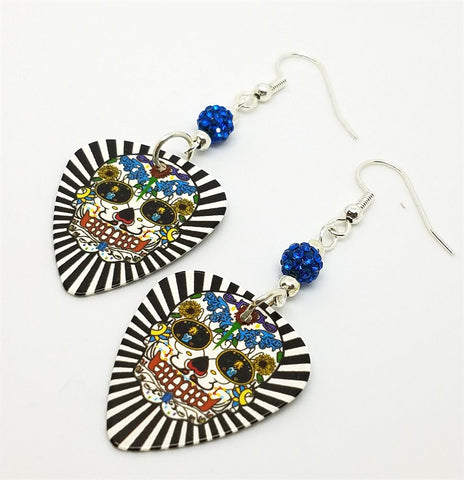 Black and White Background Sugar Skull Guitar Pick Earrings with Capri Blue Pave Beads