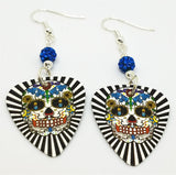 Black and White Background Sugar Skull Guitar Pick Earrings with Capri Blue Pave Beads