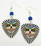 Black and White Background Sugar Skull Guitar Pick Earrings with Capri Blue Pave Beads