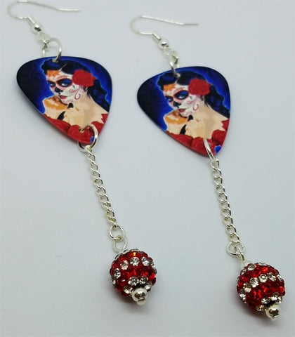 Beautiful Sugar Skull Woman with a Rose In Her Hair Guitar Pick Earrings with Striped Pave Bead Dangles