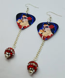 Beautiful Sugar Skull Woman with a Rose In Her Hair Guitar Pick Earrings with Striped Pave Bead Dangles