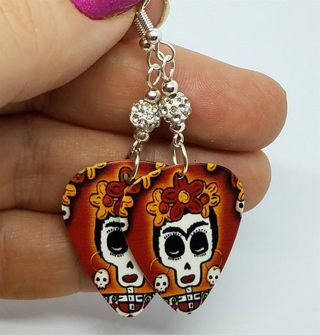 Frida Sugar Skull Guitar Pick Earrings with White Pave Beads