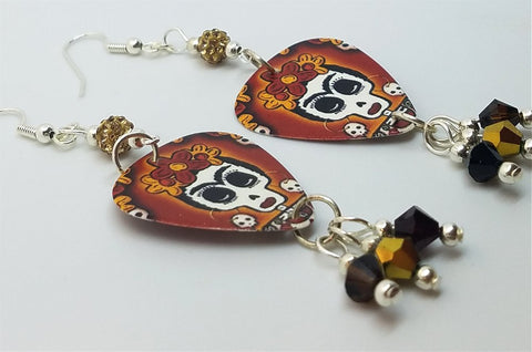 Frida Sugar Skull Guitar Pick Earrings with Pave Beads and Swarovski Crystals