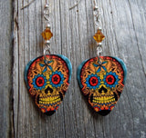 Orange and Blue Sugar Skull Guitar Pick Earrings with Topaz Swarovski Crystals