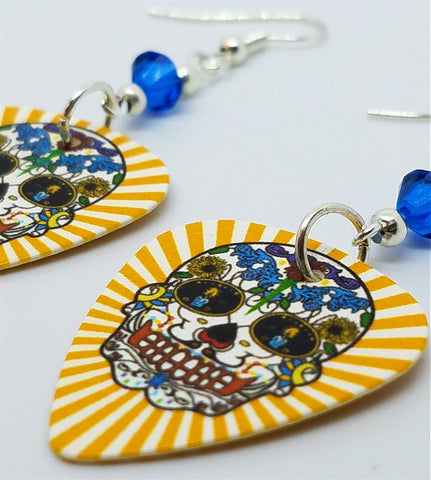 Yellow and White Background Sugar Skull Guitar Pick Earrings with Capri Blue Swarovski Crystals