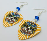 Yellow and White Background Sugar Skull Guitar Pick Earrings with Capri Blue Swarovski Crystals