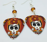 Frida Sugar Skull Guitar Pick Earrings with Copper Swarovski Crystals