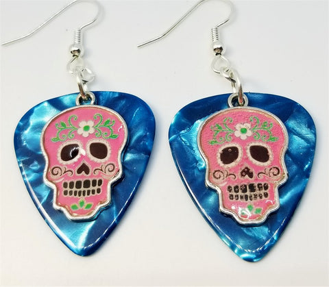 CLEARANCE Pink Sugar Skull Charm Guitar Pick Earrings - Pick Your Color