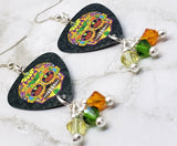 Orange Sugar Skull Guitar Pick Earrings with Swarovski Crystal Dangles