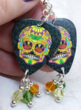 Orange Sugar Skull Guitar Pick Earrings with Swarovski Crystal Dangles